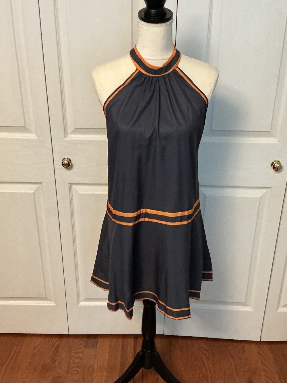 Brown Gray Halter Mini Dress with Orange Trim